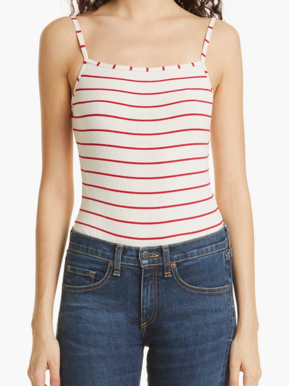 PAIGE Rebecca Striped Cream and Red Striped Ribbed Tank Bodysuit